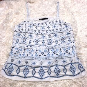 WHBM white and blue beaded blouse